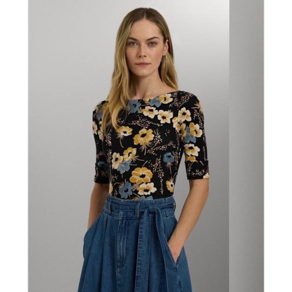Lauren Ralph Lauren Floral Stretch Cotton Boatneck Tee, Women's‎ Size Medium